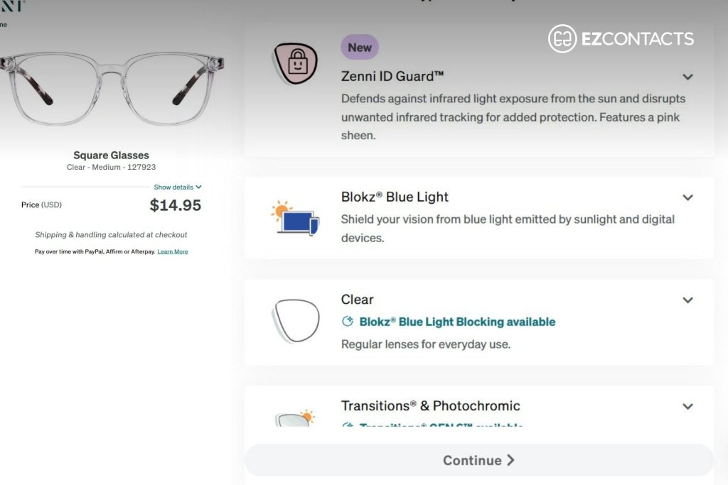 Lenses options at Zenni Optical