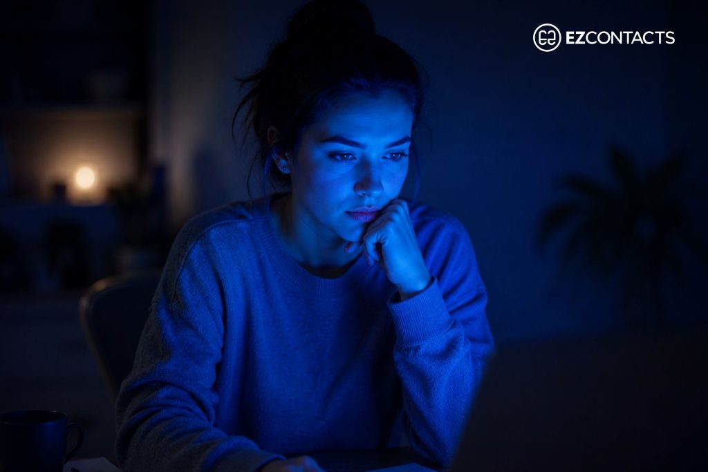 Woman working on a computer giving off a blue glow