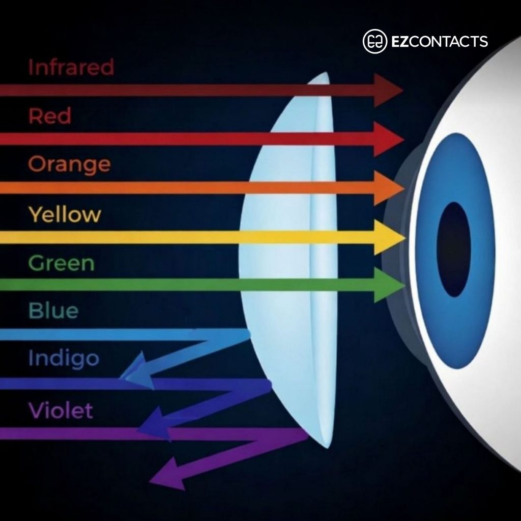 Illustration of a blue light contact blocking light rays