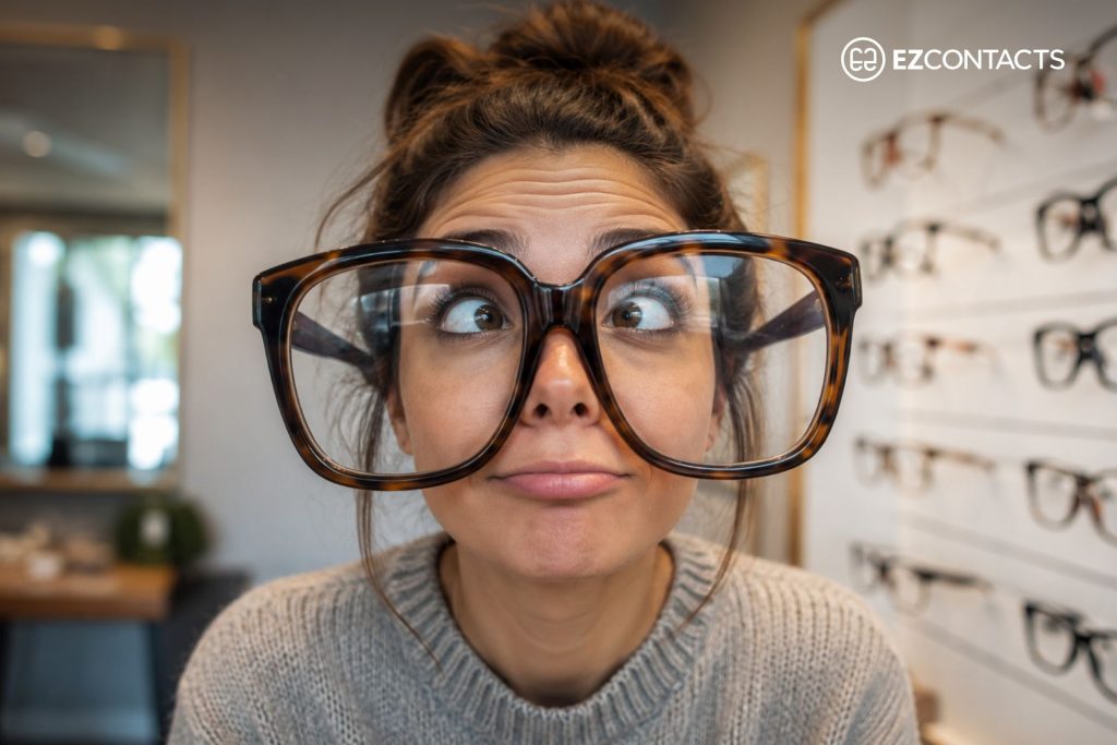 Woman wearing comically large eyeglasses