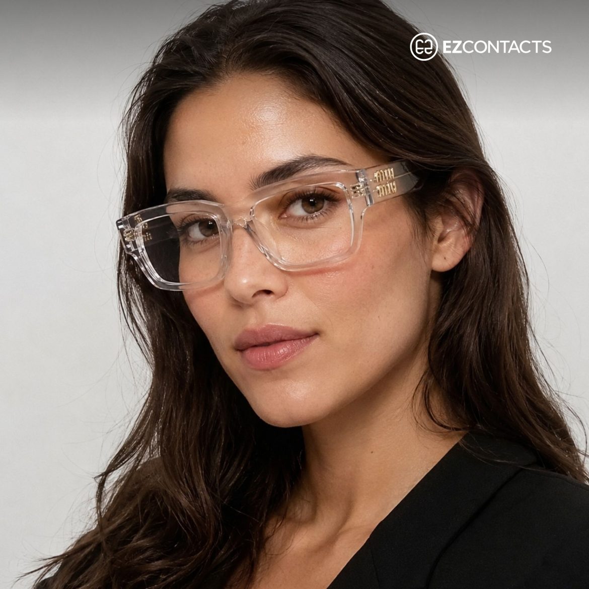 Woman wearing transparent Miu Miu MU 02XV glasses