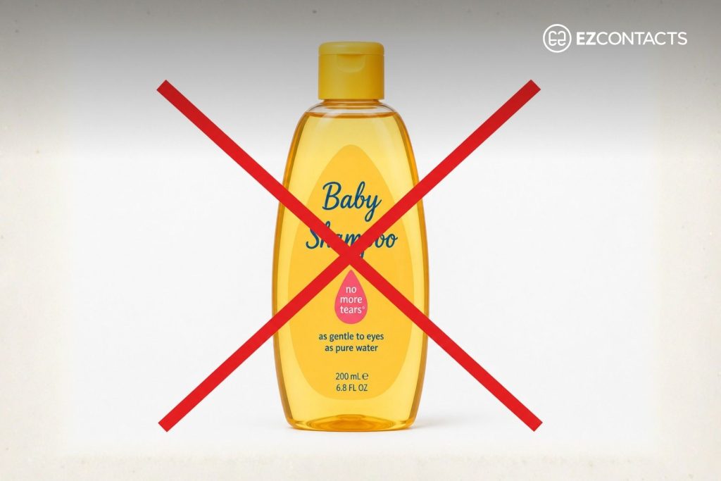 Red X over a bottle of baby shampoo