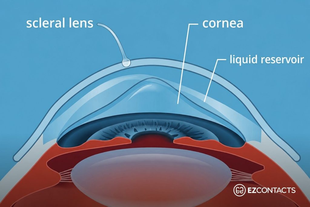 Diagram of a scleral lens on an eye with keratoconus