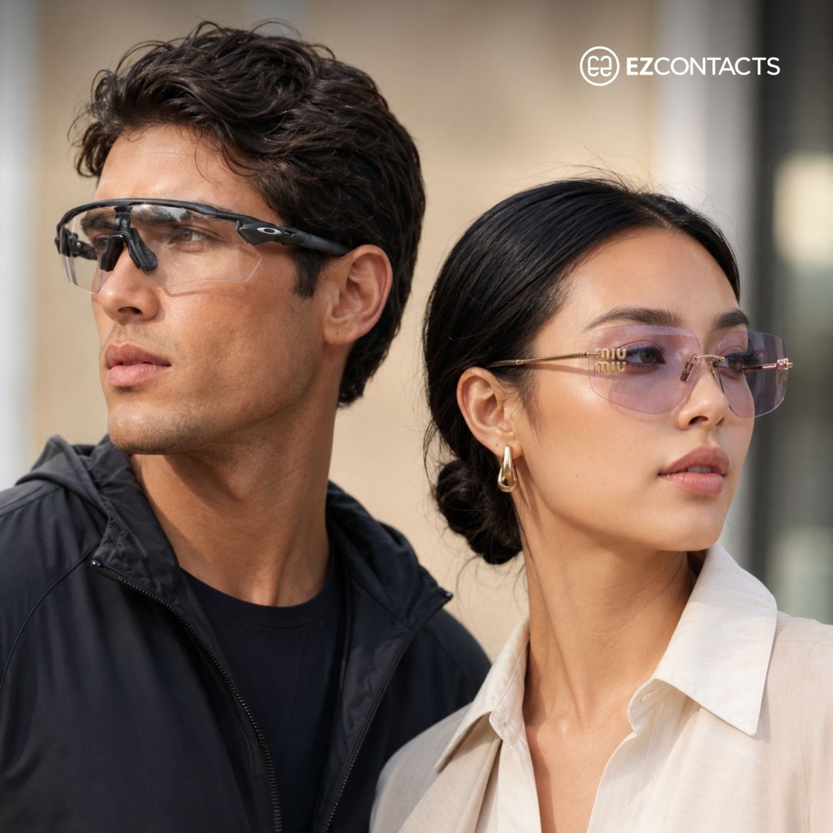 Man and woman wearing transparent sunglasses