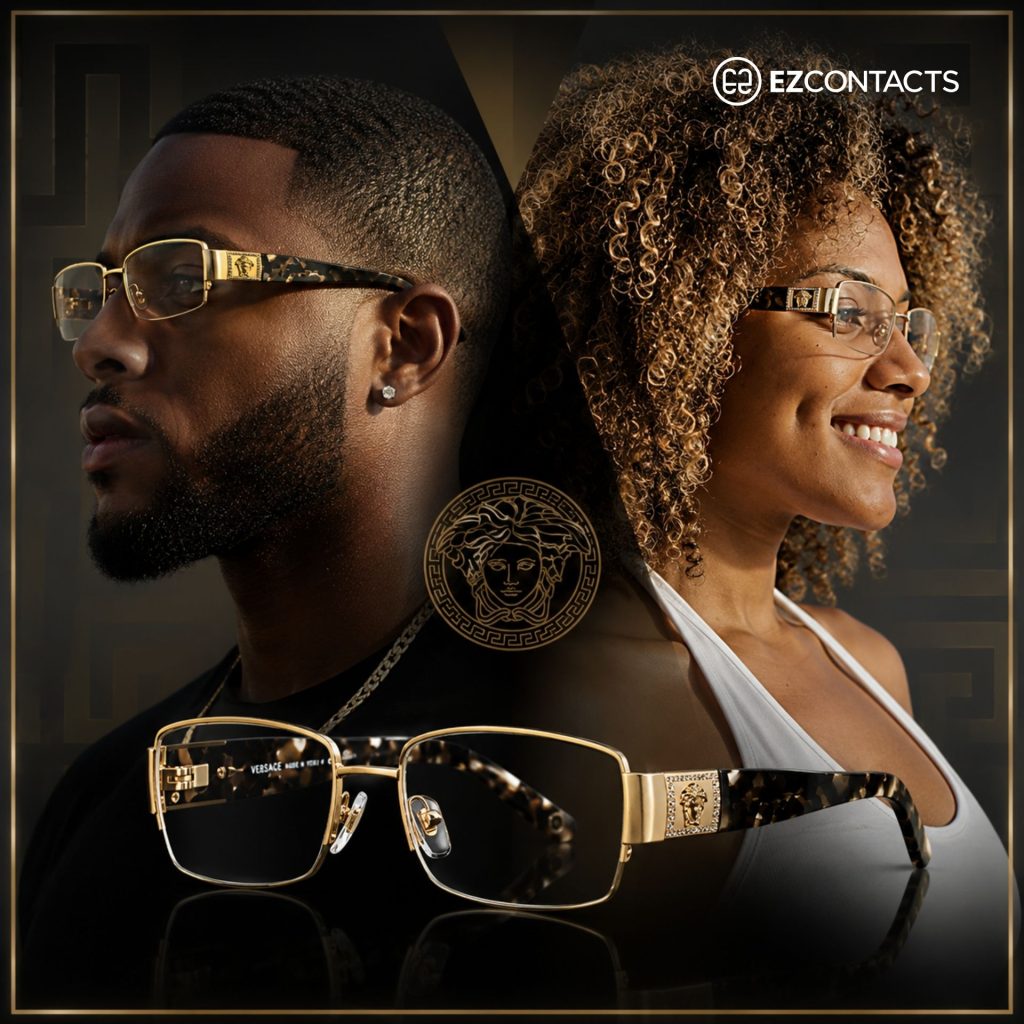 Man and woman wearing Versace VE1175B glasses