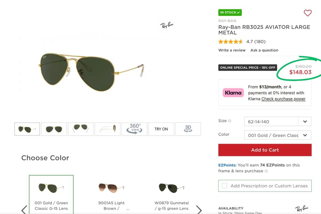 Ray-Ban Aviators at EZContacts