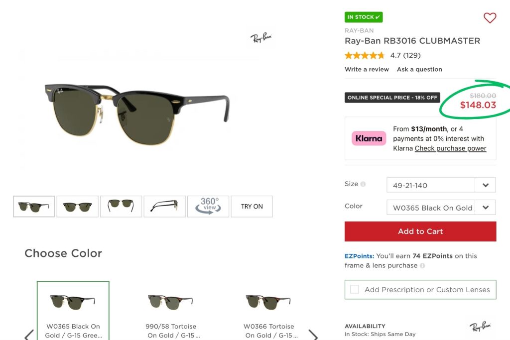 Ray-Ban Clubmasters at EZContacts