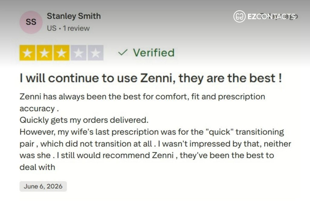 Zenni Optical Trustpilot Review Screenshot