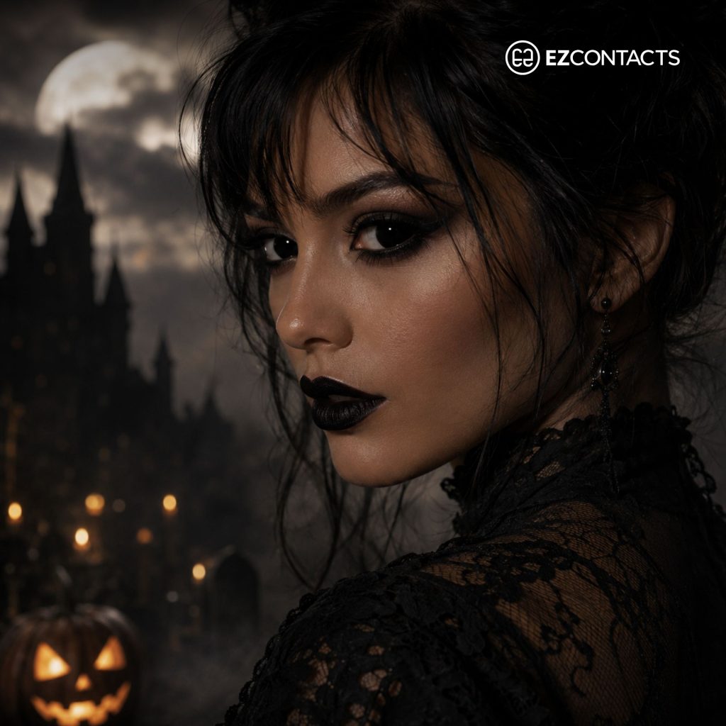 Woman wearing black contacts