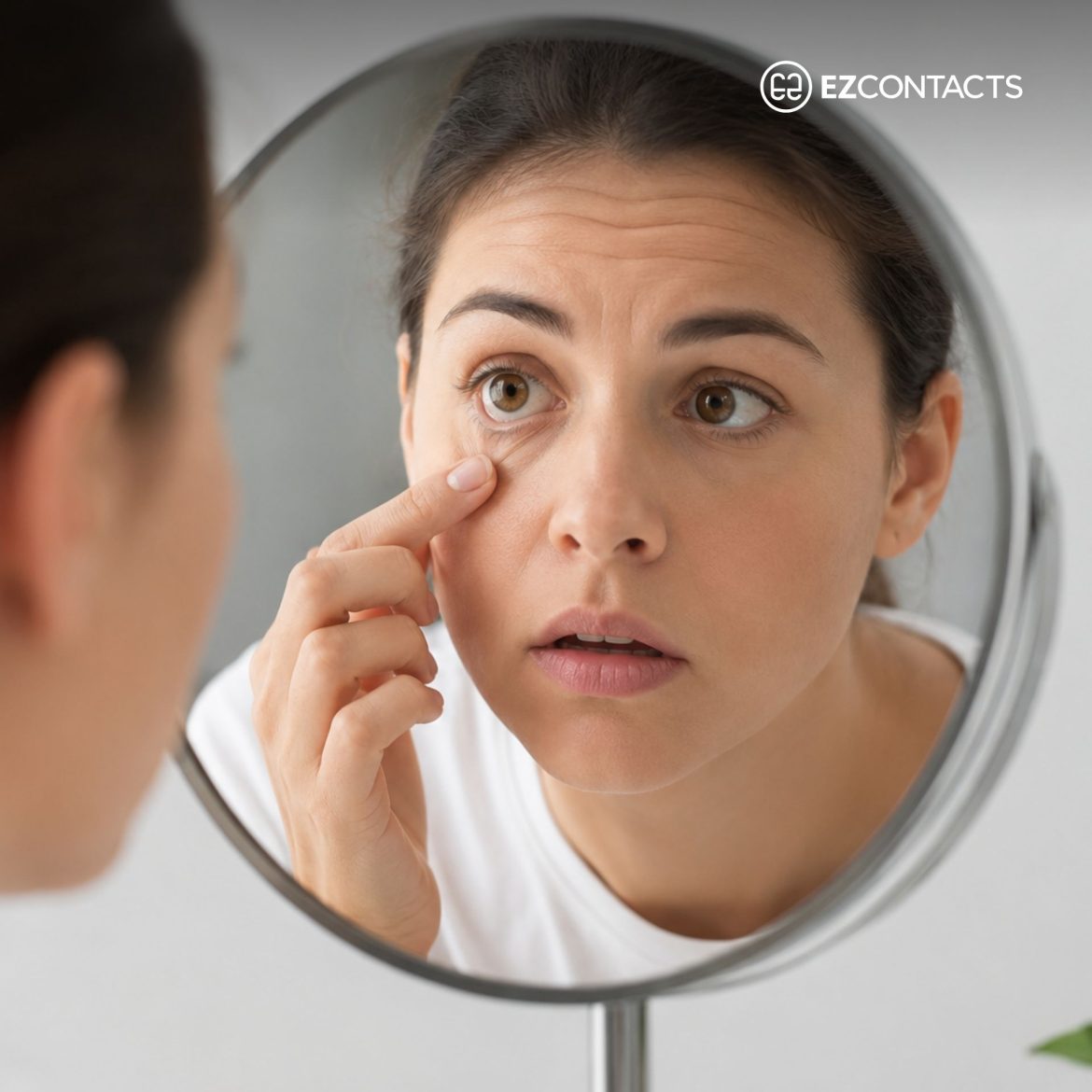 Woman looking at eye in mirror