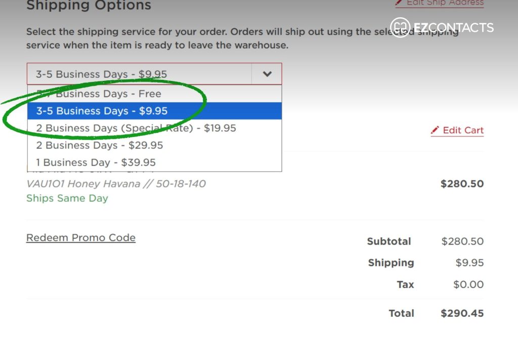 EZContacts Shipping Options