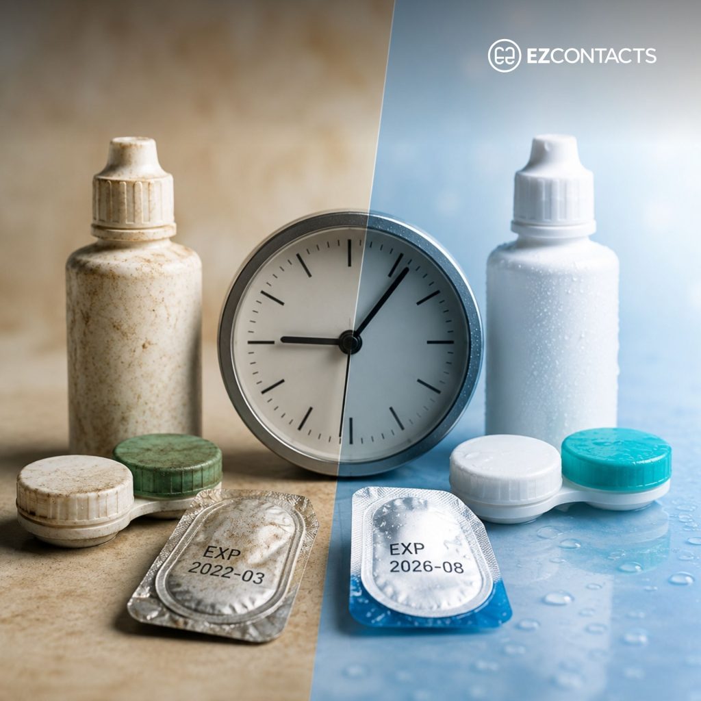 Contact lens solution bottles and clock