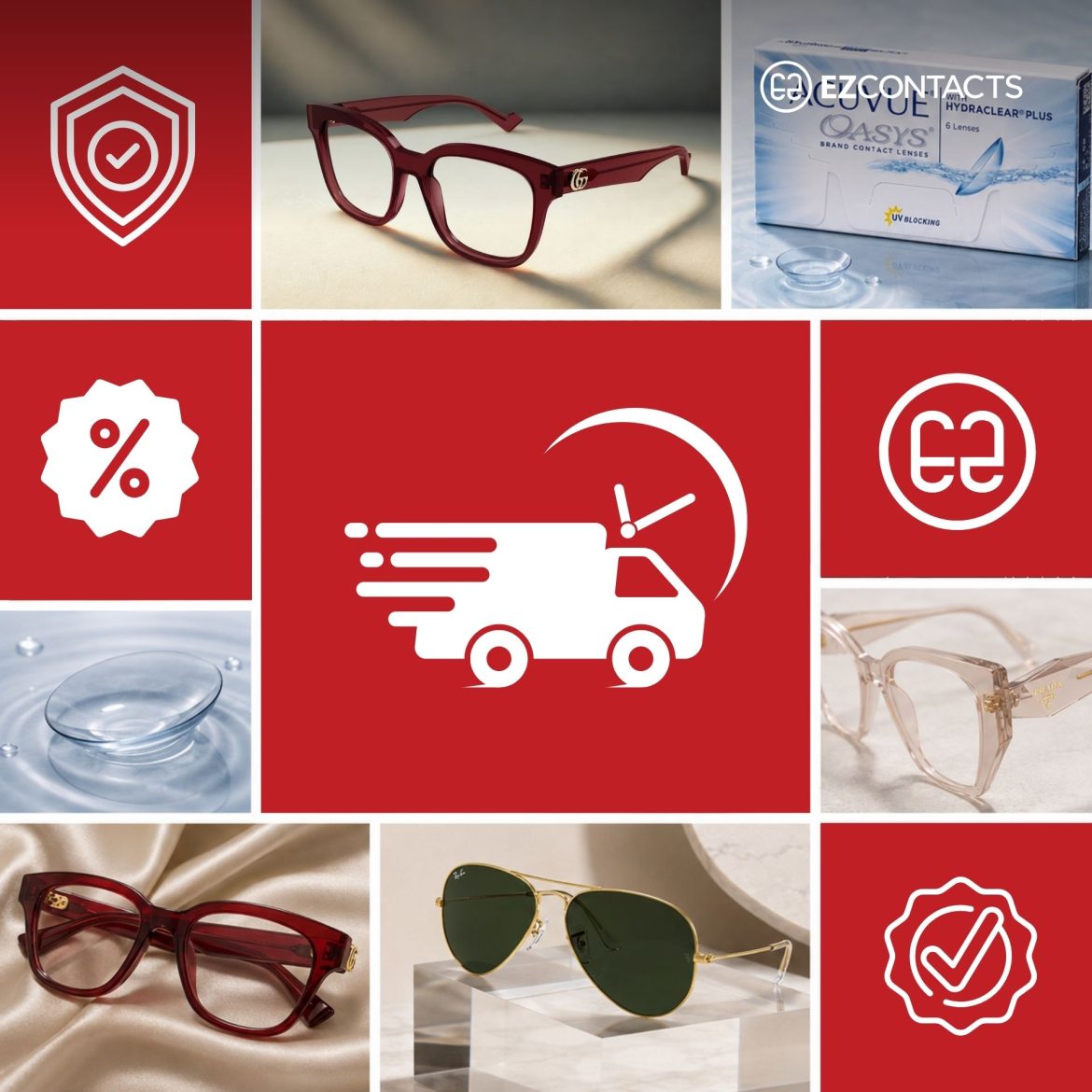 EZContacts logo, glasses, and contacts lenses