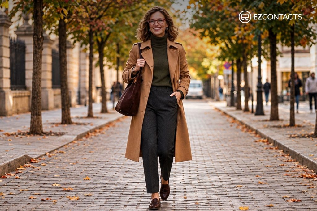Woman wearing a camel coat, olive turtleneck, charcoal trousers, brown loafers, and pink glasses