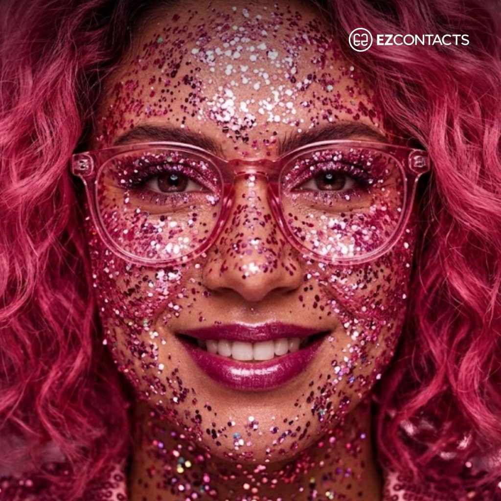Woman wearing pink glasses with pink glitter
