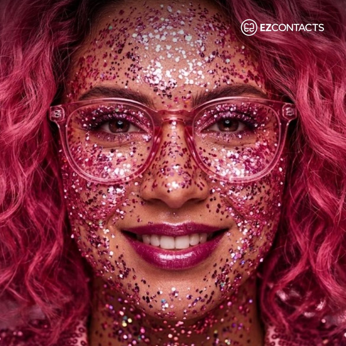 Woman wearing pink glasses with pink glitter