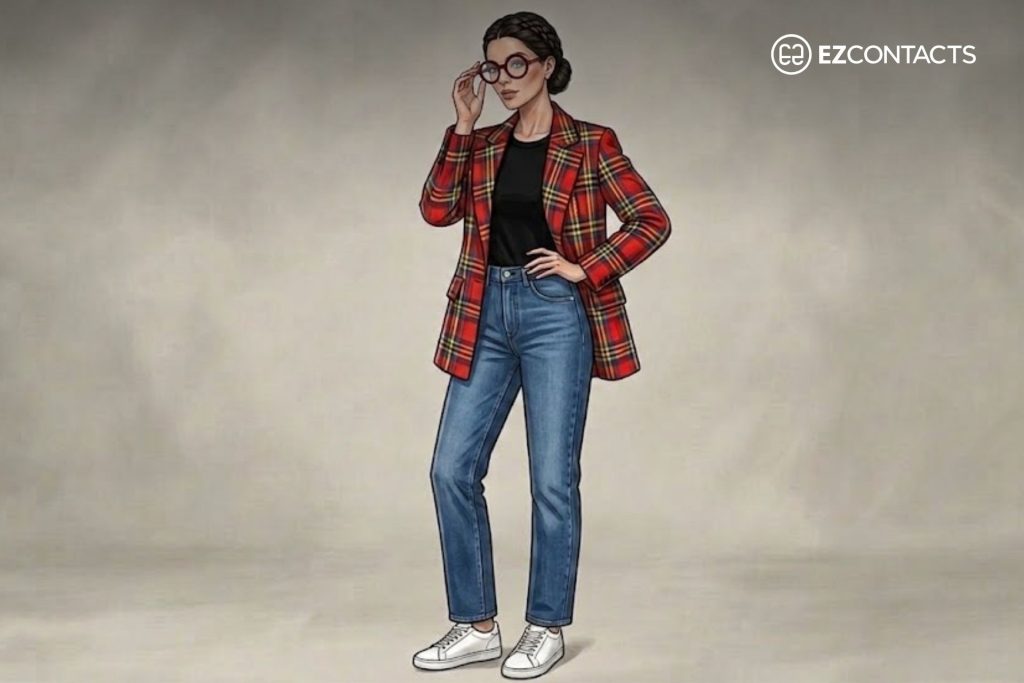 Red tartan blazer, black tee, blue jeans, white low-top sneakers, and matching red specs