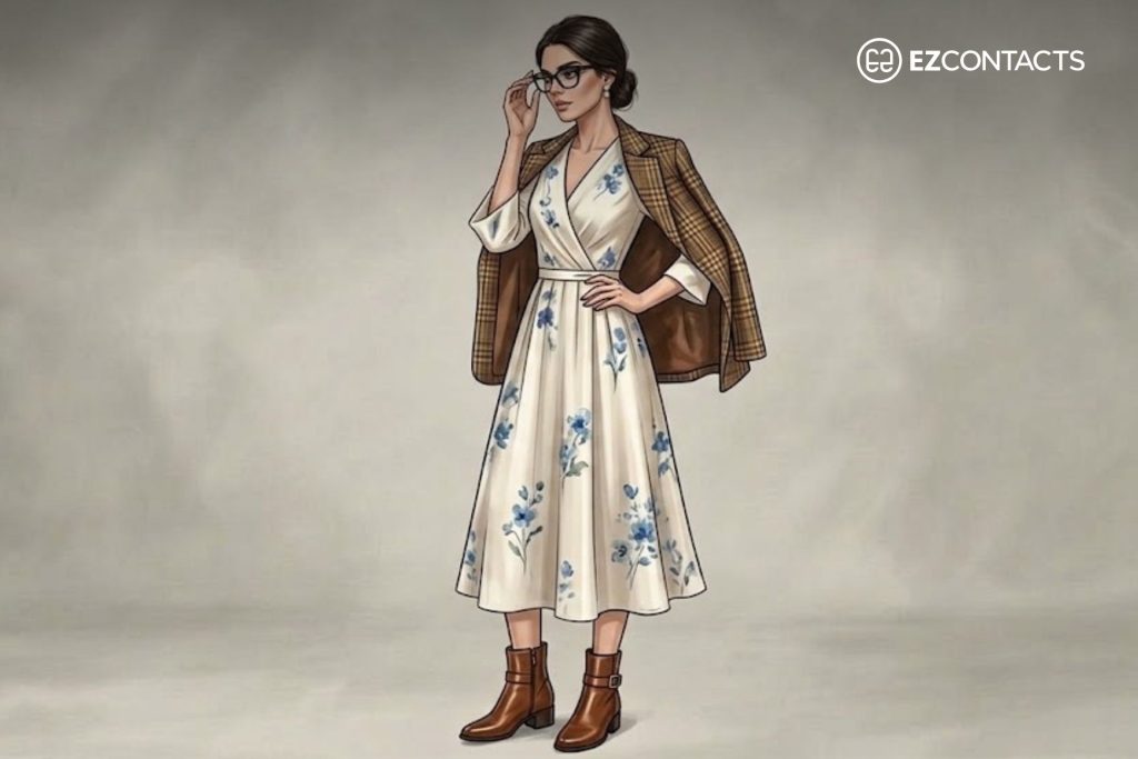 Floral print midi dress, brown plaid jacket hanging off the shoulder, brown leather ankle boots