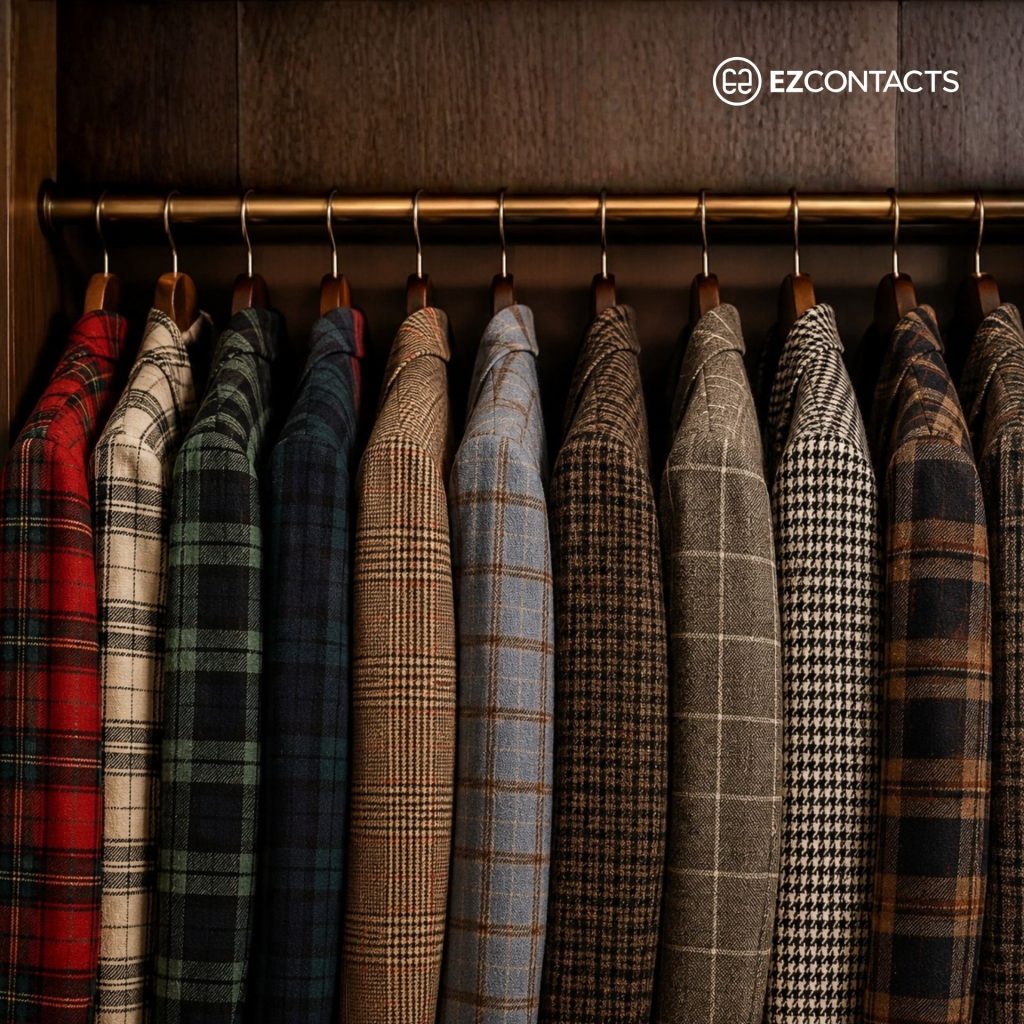 Plaid jackets on a rack