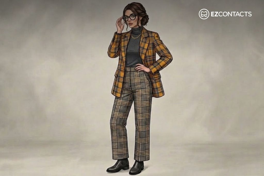 Yellow plaid blazer, dark grey turtleneck, coordinated plaid trousers, and black ankle boots