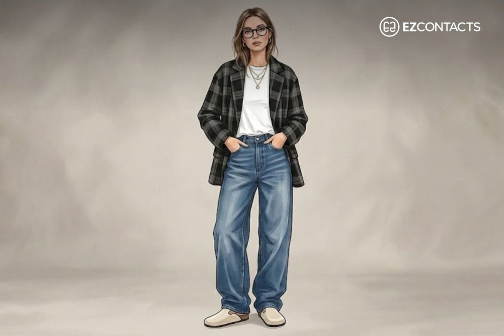 Oversized dark plaid jacket, baggy jeans, and white slip-ons
