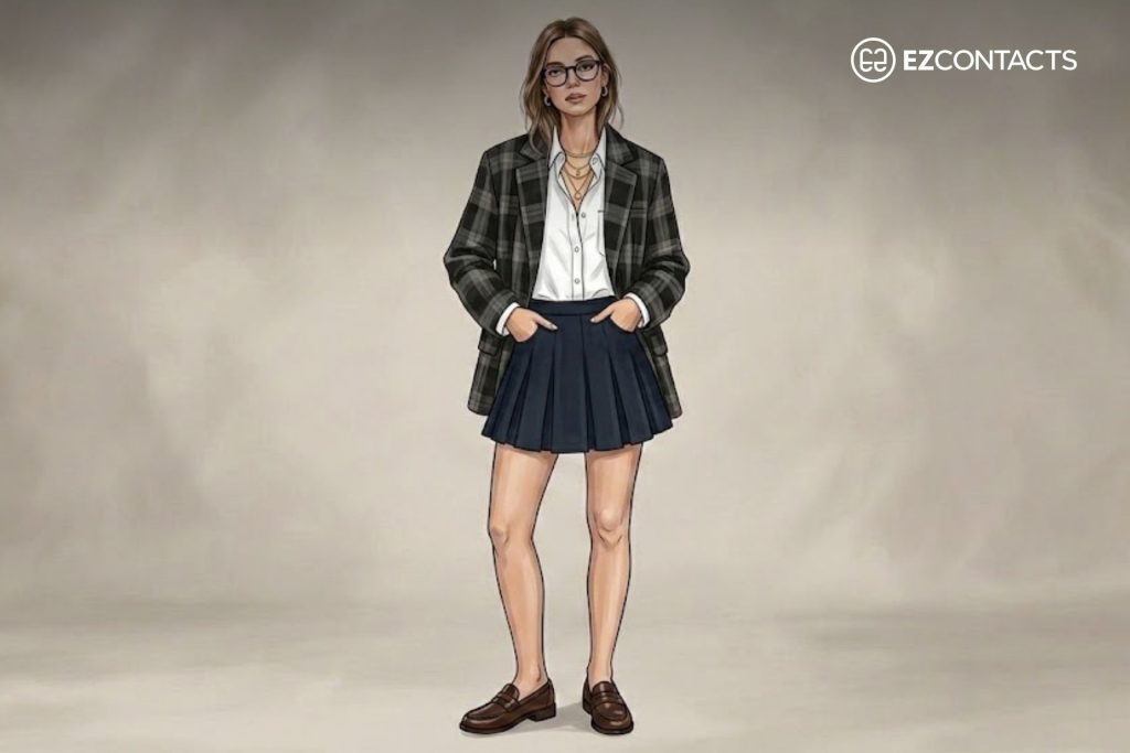 Preppy ensemble of a tailored plaid jacket, button-down white top, pleated skirt, and leather loafers