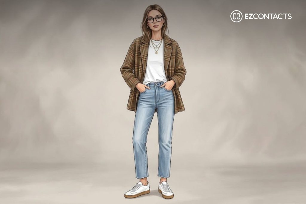 Relaxed-fit plaid jacket paired with straight-leg jeans, white tee, and white sneakers