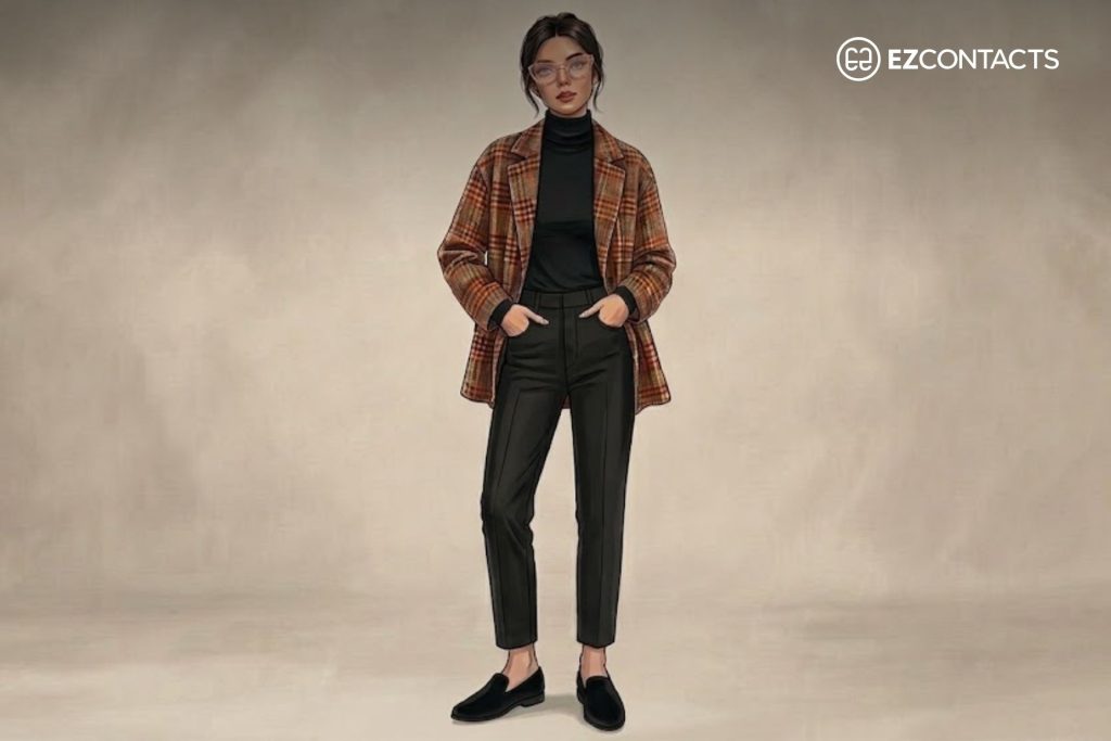Walnut-brown plaid jacket, black tailored trousers, black suede loafers