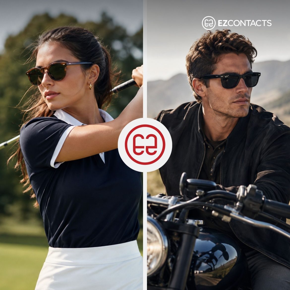 (Left) Woman golfing wearing sunglasses (Right) Man on a bike wearing sunglasses
