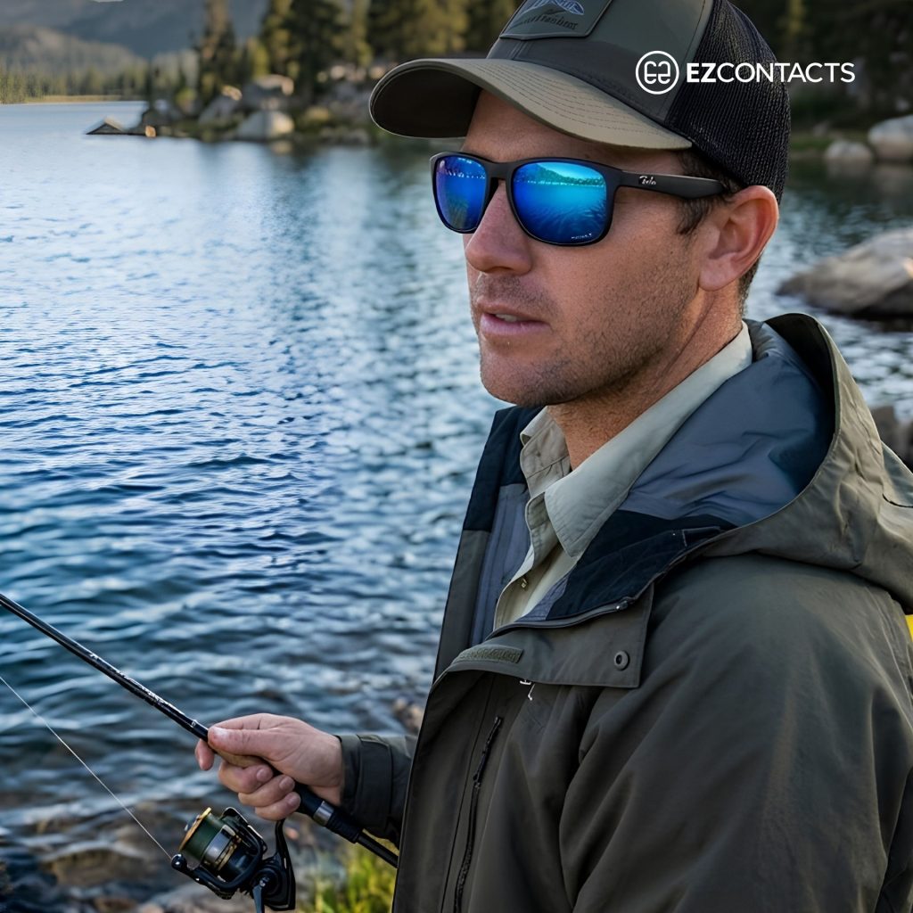 Man wearing Ray-Ban Chromance sunglasses while fishing