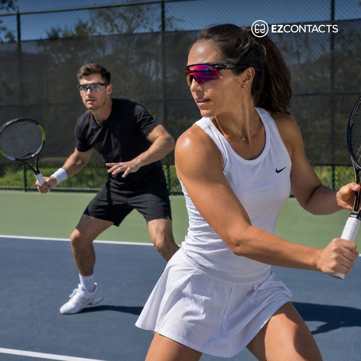 Man and woman wearing sunglasses and playing tennis
