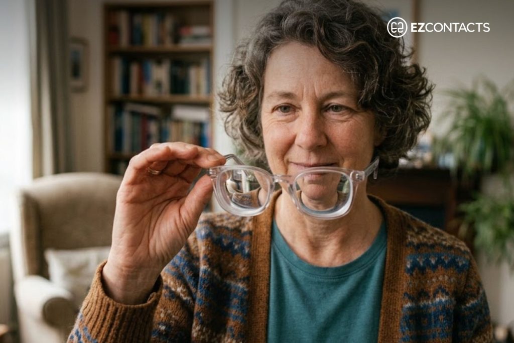 Woman Holding a Very Thick Pair of Glasses