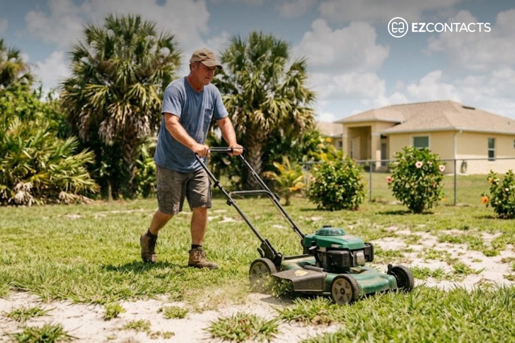 Man mowing his lawn without safety goggles
