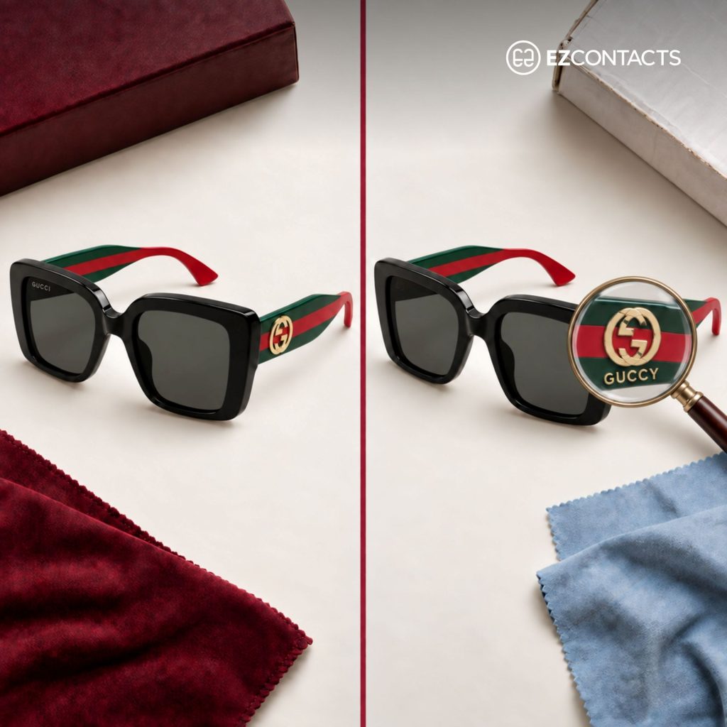 Two pairs of Gucci sunglasses, one spelled 'Guccy'