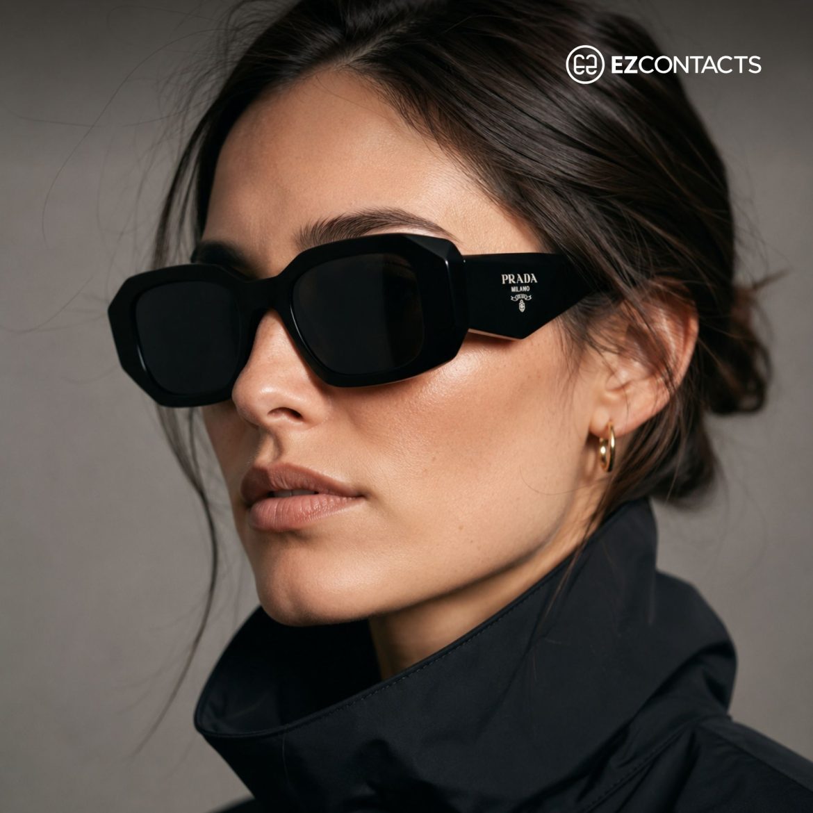 Woman wearing sunglasses and funnel neck jacket