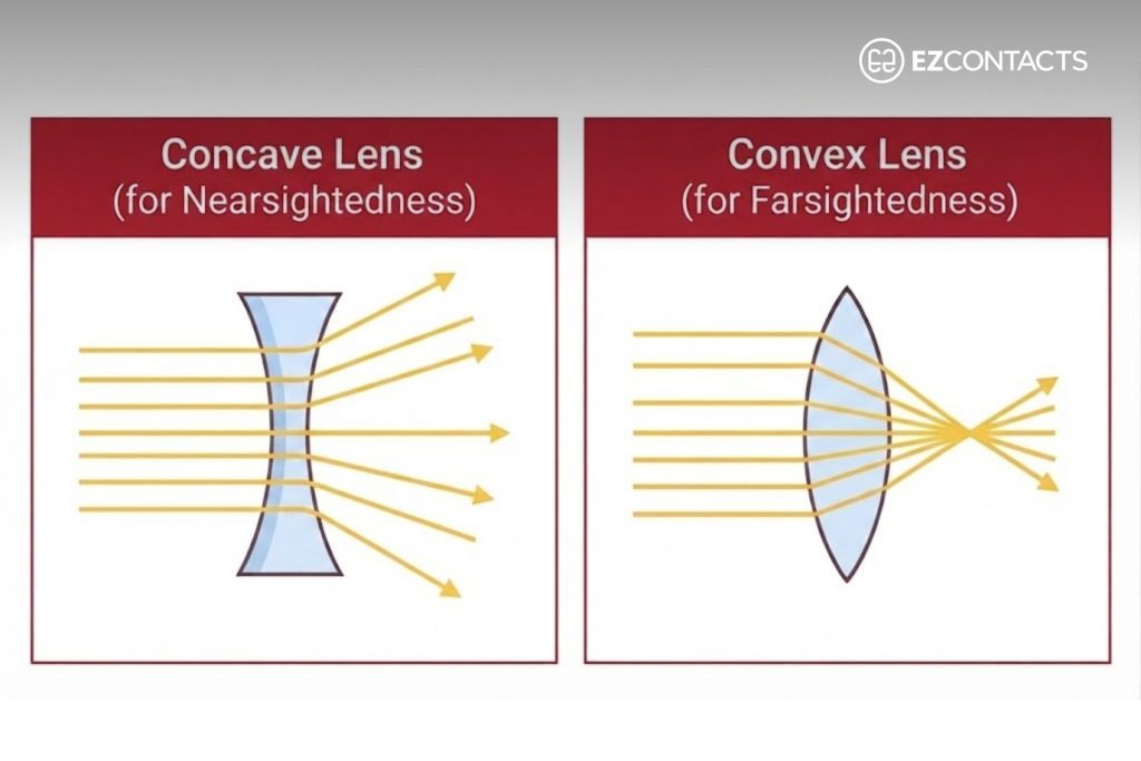 Illustration showing how concave and convex lenses alter the path of light
