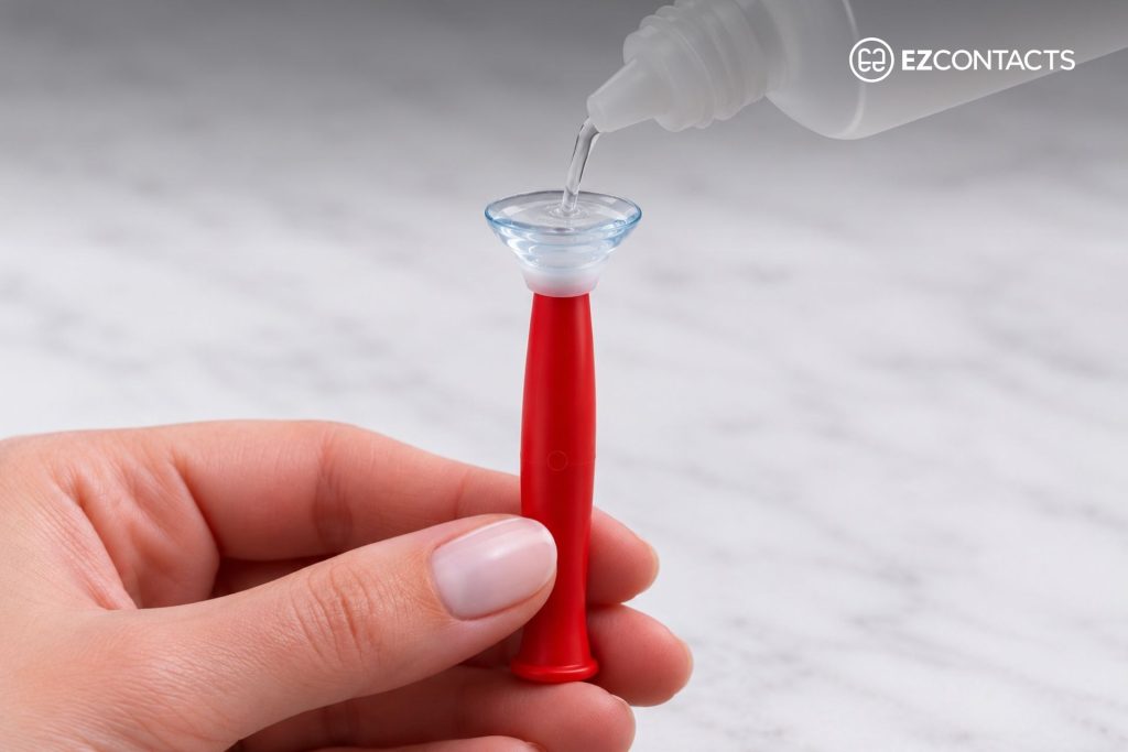 Scleral lens being filled with solution before insertion