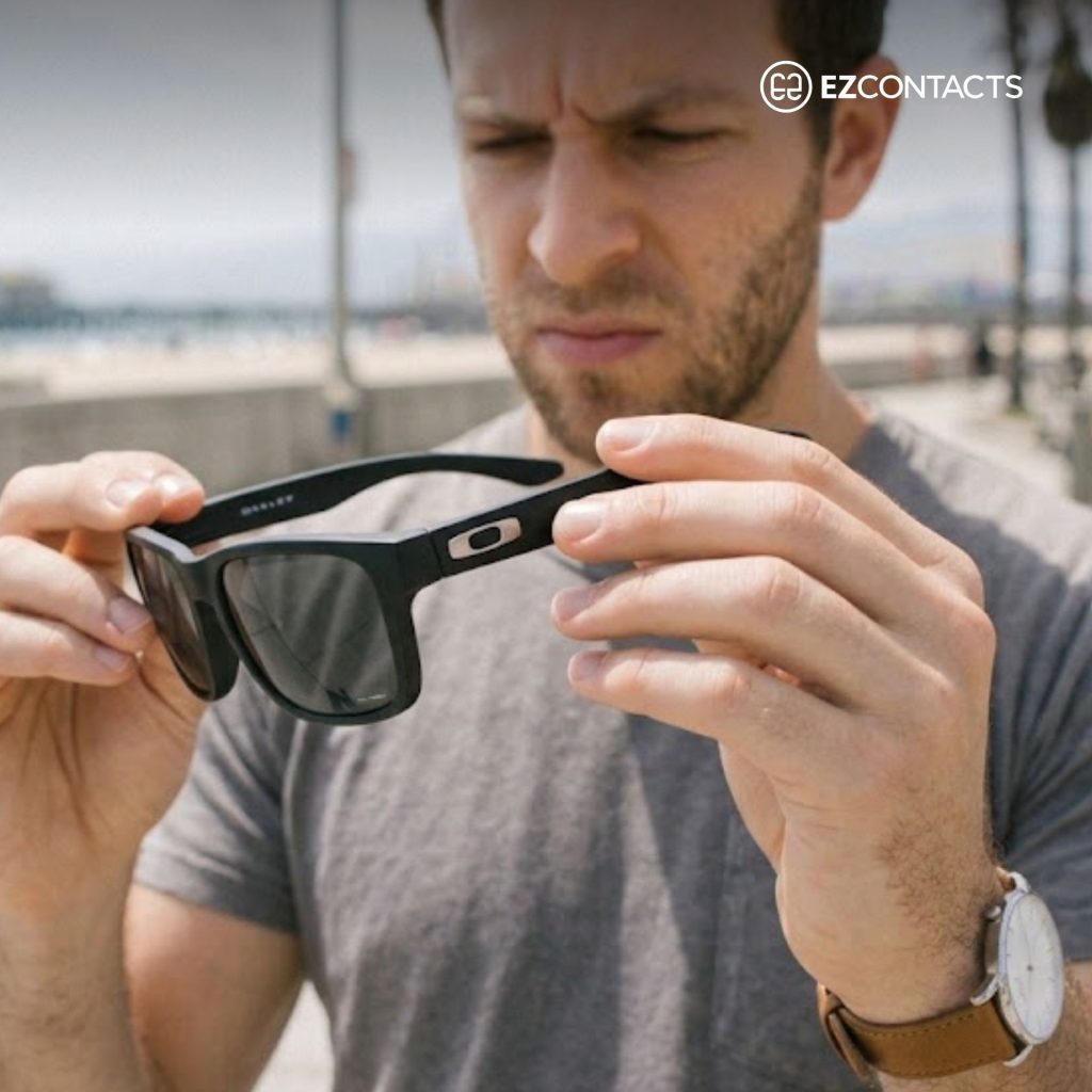 Man holding a pair of Oakley sunglasses