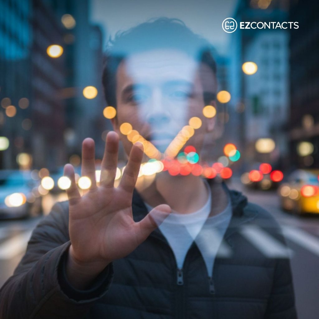 A person in the middle of the street, seen as doubles
