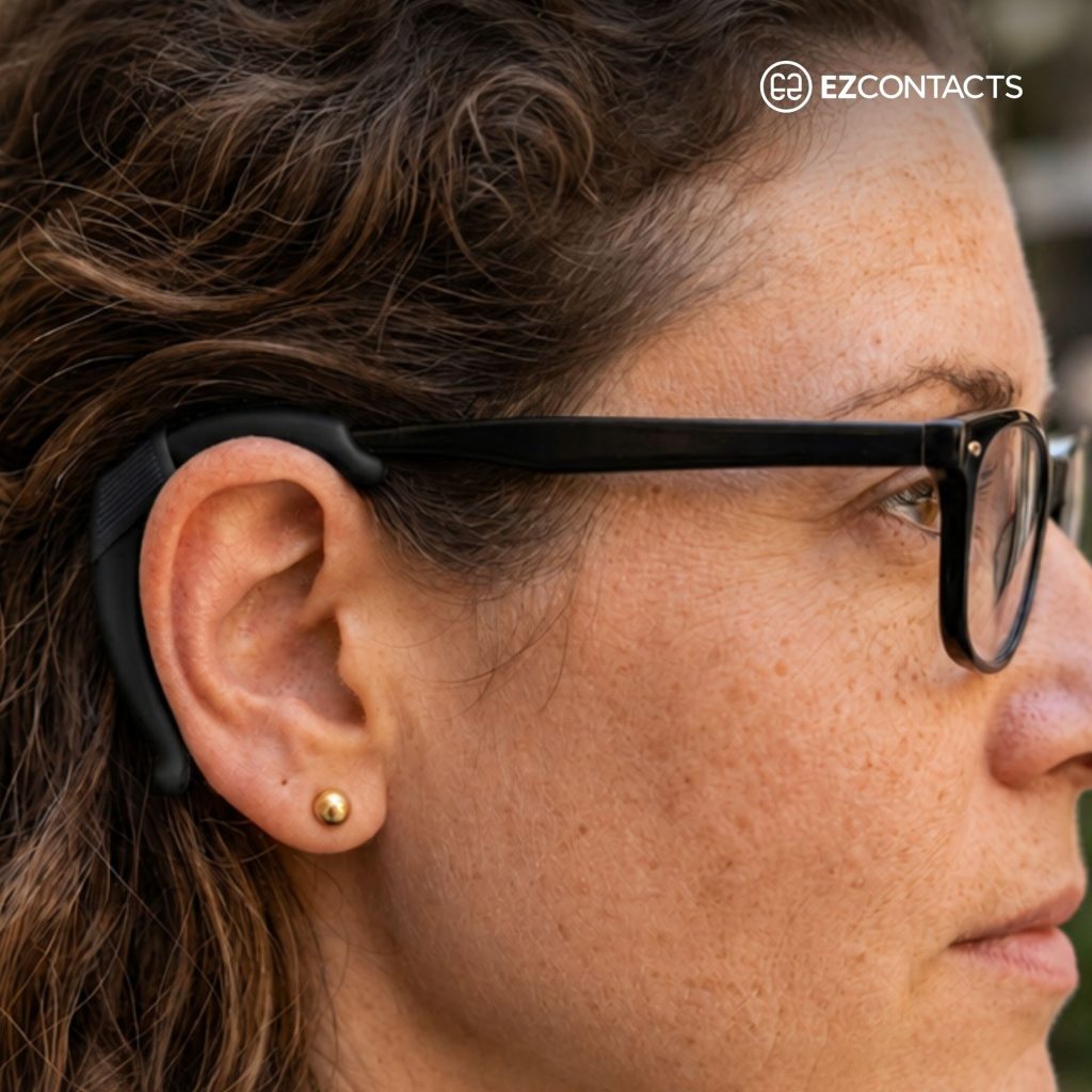 Woman wearing glasses ear hook