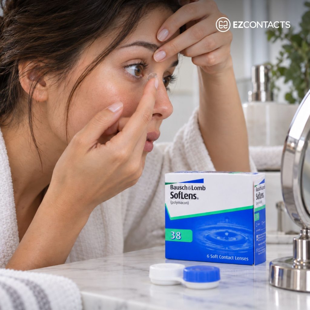 Woman putting in Soflens contact lens