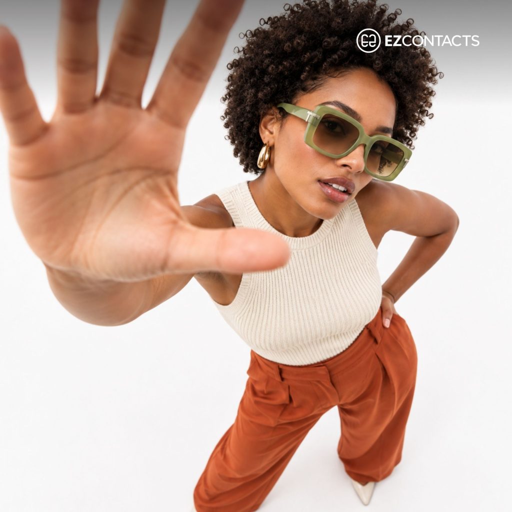 Woman Wearing Green Square Sunglasses