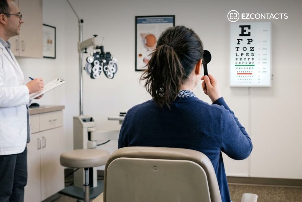 Woman Having Her Vision Tested Using a Standard Snellen Eye Chart