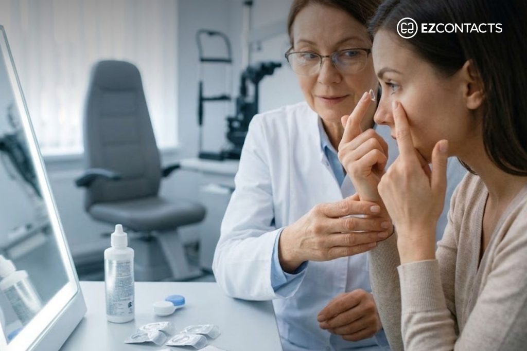 Woman Practicing How to Insert a Lens at an Optometrist’s Office