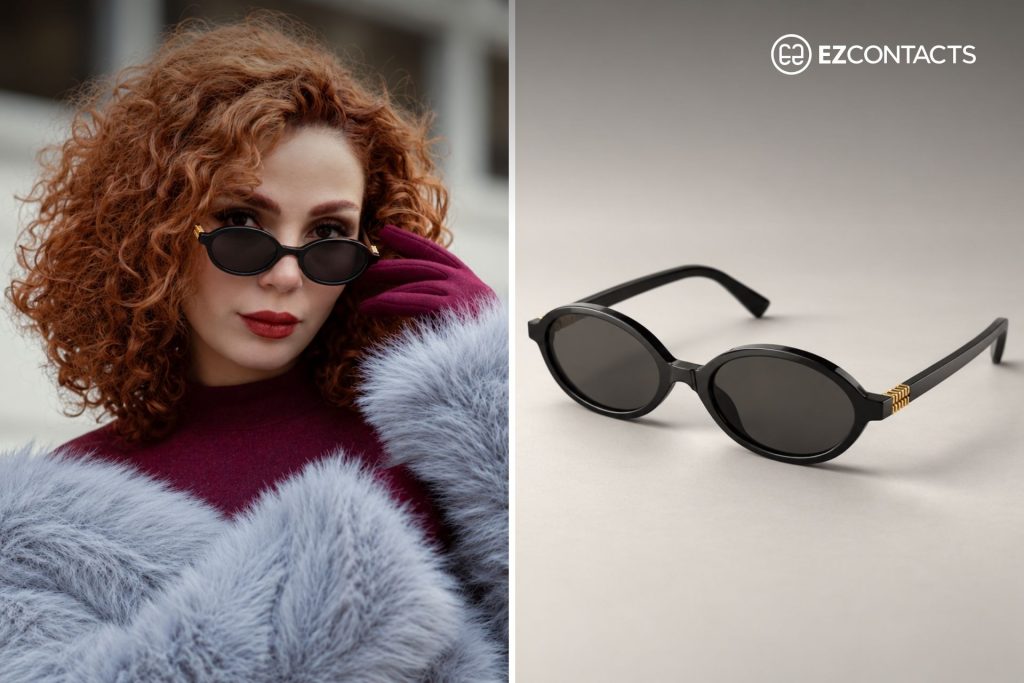 (Left) Woman Wearing a Fluffy Coat and Sunglasses (Right) Miu Miu MU 04ZSF Sunglasses