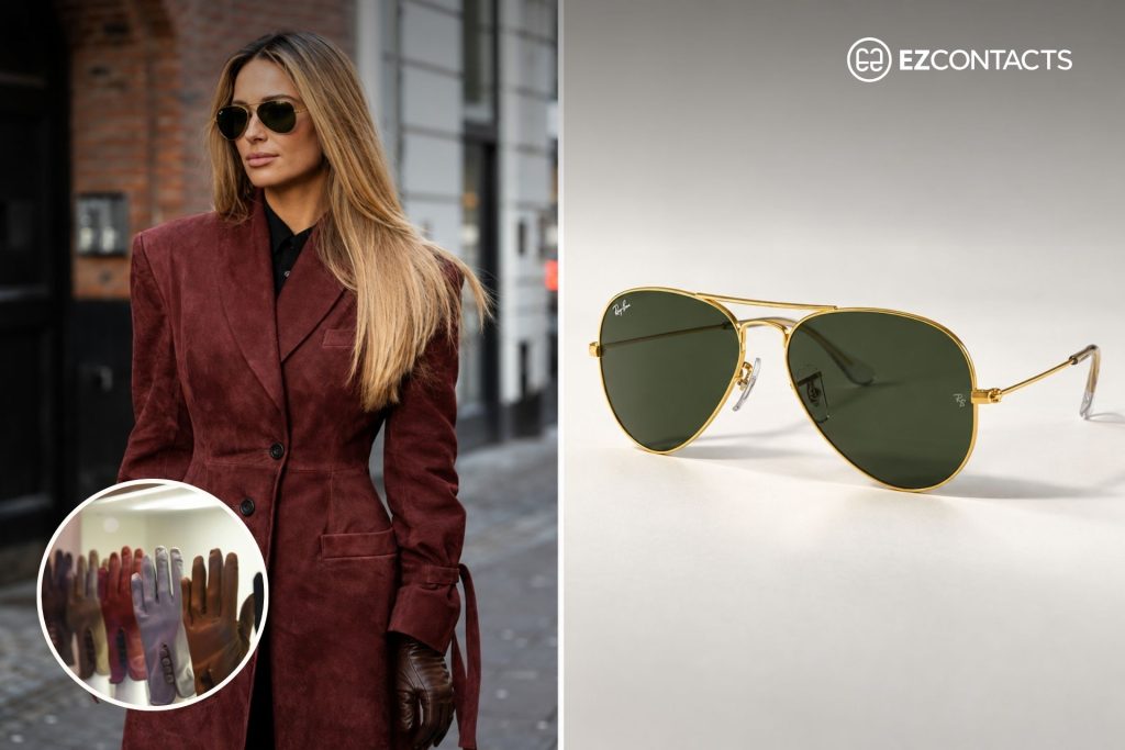 (Left) Woman Wearing Burgundy Gloves and Coat (Right) Ray-Ban RB3025 AVIATOR LARGE METAL Sunglasses