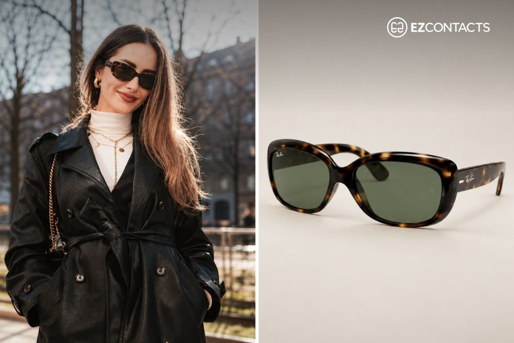 (Left) Woman Wearing Turtleneck and Leather Coat (Right) Ray-Ban RB4101 JACKIE OHH Sunglasses