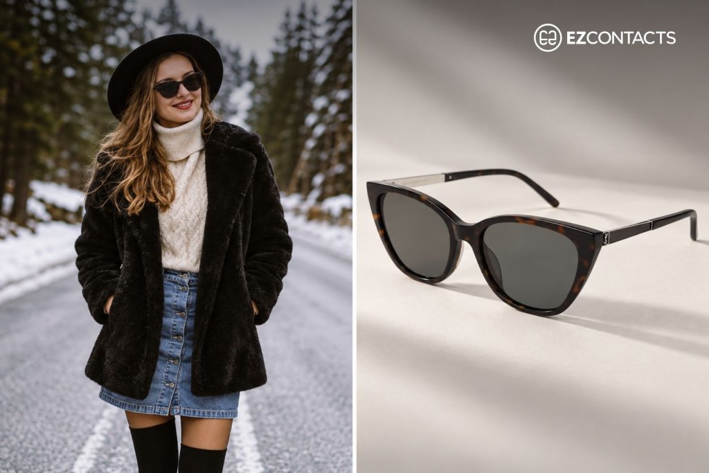 (Left) Woman Wearing Winter Outfit (Right) Saint Laurent SL M69 Cat-Eye Sunglasses