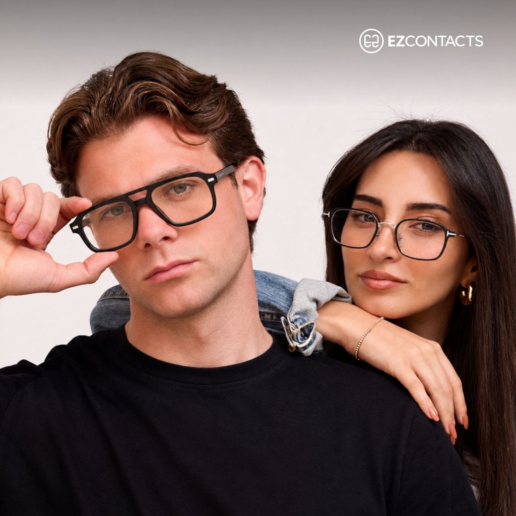 Man and Woman Wearing Geometric Glasses