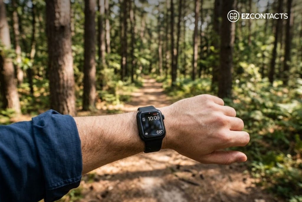 Man Looking at Watch in Forest